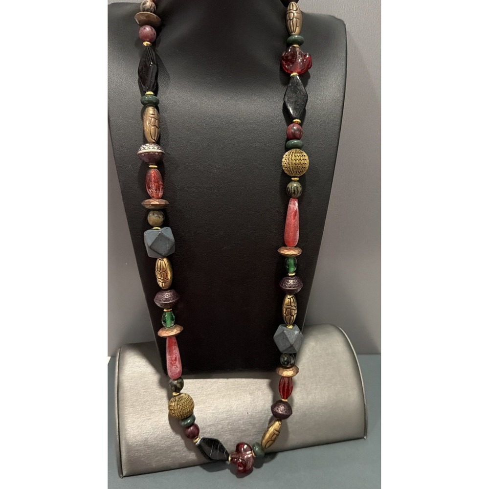 Artisan Mixed Media Beaded Necklace Glass Brass Acrylic Multicolor Statement 32"